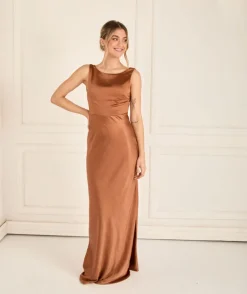 Cowl Back Satin Bridesmaid Dress - Rust