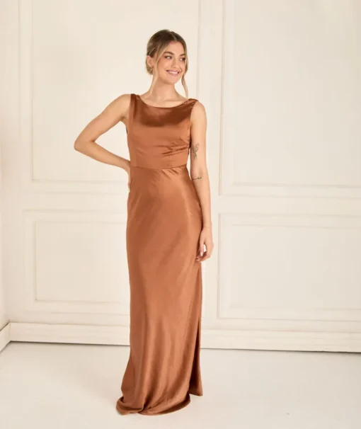 Cowl Back Satin Bridesmaid Dress - Rust