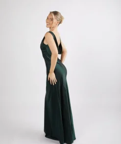 Cowl Back Satin Bridesmaid Dress - Emerald