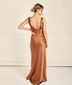 Cowl Back Satin Bridesmaid Dress - Rust