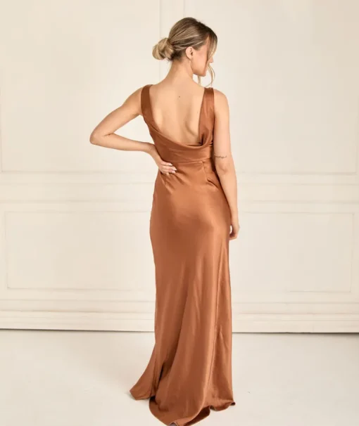 Cowl Back Satin Bridesmaid Dress - Rust