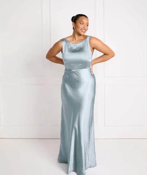 Cowl Back Satin Bridesmaid Dress - Dusty Blue