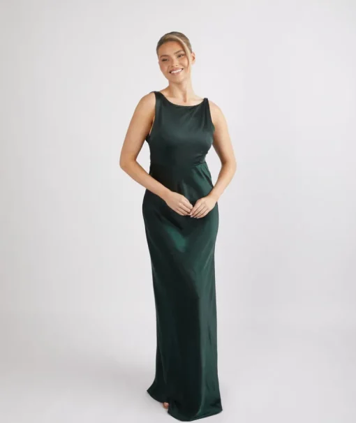 Cowl Back Satin Bridesmaid Dress - Emerald