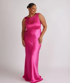 Cowl Back Satin Bridesmaid Dress - Fuchsia Pink