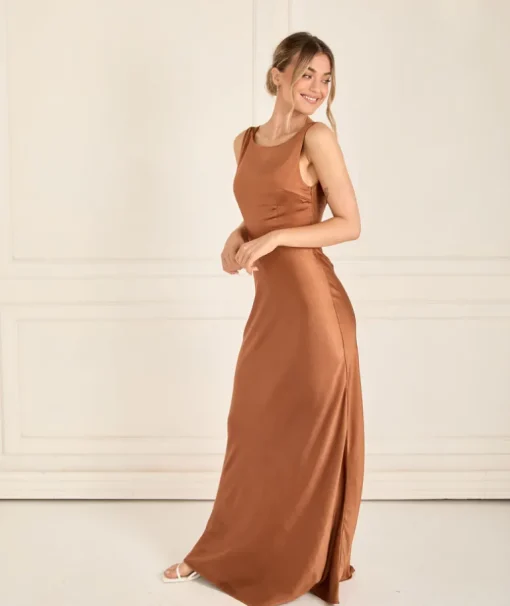 Cowl Back Satin Bridesmaid Dress - Rust