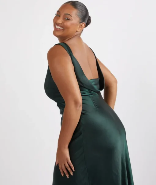 Cowl Back Satin Bridesmaid Dress - Emerald
