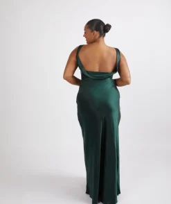 Cowl Back Satin Bridesmaid Dress - Emerald