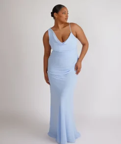Cowl Front Asymmetrical Chiffon Bridesmaid Dress - Cornflower Blue