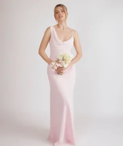 Cowl Front Asymmetrical Chiffon Bridesmaid Dress - Pale Pink