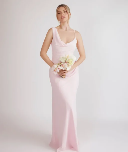 Cowl Front Asymmetrical Chiffon Bridesmaid Dress - Pale Pink