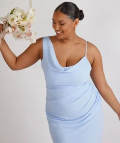 Cowl Front Asymmetrical Chiffon Bridesmaid Dress - Cornflower Blue