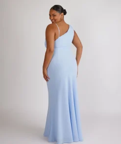 Cowl Front Asymmetrical Chiffon Bridesmaid Dress - Cornflower Blue