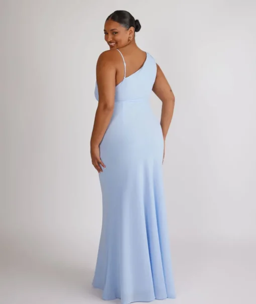 Cowl Front Asymmetrical Chiffon Bridesmaid Dress - Cornflower Blue