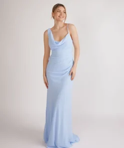 Cowl Front Asymmetrical Chiffon Bridesmaid Dress - Cornflower Blue