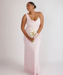 Cowl Front Asymmetrical Chiffon Bridesmaid Dress - Pale Pink