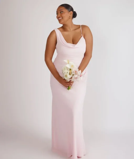 Cowl Front Asymmetrical Chiffon Bridesmaid Dress - Pale Pink
