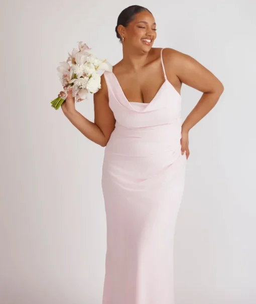 Cowl Front Asymmetrical Chiffon Bridesmaid Dress - Pale Pink