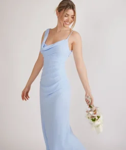 Cowl Front Asymmetrical Chiffon Bridesmaid Dress - Cornflower Blue