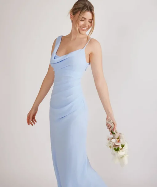 Cowl Front Asymmetrical Chiffon Bridesmaid Dress - Cornflower Blue