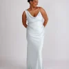 Cowl Front Asymmetrical Satin Bridesmaid Dress - Ice Blue