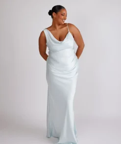 Cowl Front Asymmetrical Satin Bridesmaid Dress - Ice Blue