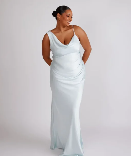 Cowl Front Asymmetrical Satin Bridesmaid Dress - Ice Blue