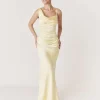 Cowl Front Asymmetrical Satin Bridesmaid Dress - Butter Lemon