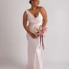 Cowl Front Asymmetrical Satin Bridesmaid Dress - Pale Pink