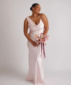 Cowl Front Asymmetrical Satin Bridesmaid Dress - Pale Pink