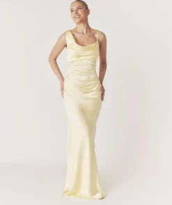Cowl Front Asymmetrical Satin Bridesmaid Dress - Butter Lemon