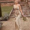 Cowl Front Asymmetrical Satin Bridesmaid Dress - Champagne