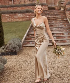 Cowl Front Asymmetrical Satin Bridesmaid Dress - Champagne