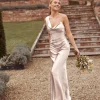 Cowl Front Asymmetrical Satin Bridesmaid Dress - Oyster