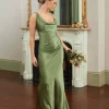 Cowl Front Asymmetrical Satin Bridesmaid Dress - Moss Green