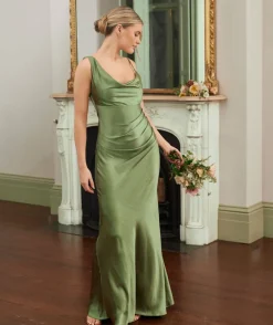 Cowl Front Asymmetrical Satin Bridesmaid Dress - Moss Green