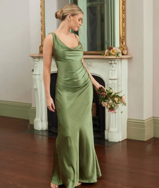 Cowl Front Asymmetrical Satin Bridesmaid Dress - Moss Green