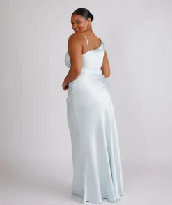 Cowl Front Asymmetrical Satin Bridesmaid Dress - Ice Blue