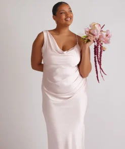 Cowl Front Asymmetrical Satin Bridesmaid Dress - Pale Pink