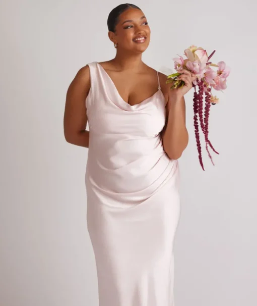 Cowl Front Asymmetrical Satin Bridesmaid Dress - Pale Pink