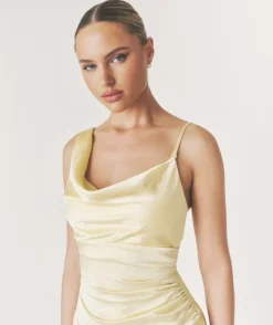 Cowl Front Asymmetrical Satin Bridesmaid Dress - Butter Lemon
