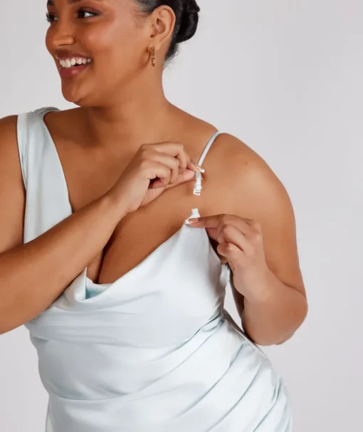 Cowl Front Asymmetrical Satin Bridesmaid Dress - Ice Blue