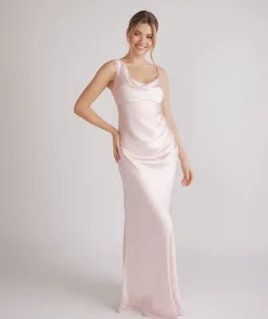 Cowl Front Asymmetrical Satin Bridesmaid Dress - Pale Pink