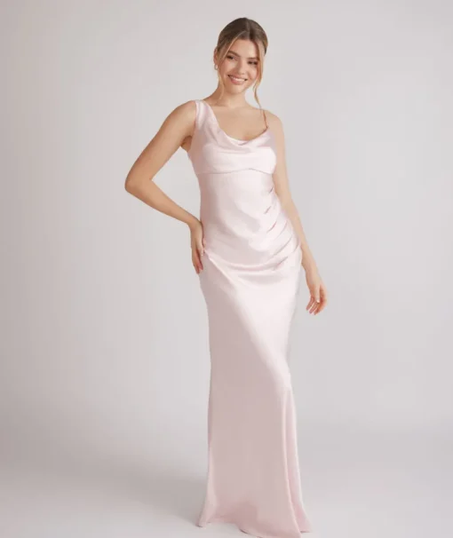 Cowl Front Asymmetrical Satin Bridesmaid Dress - Pale Pink