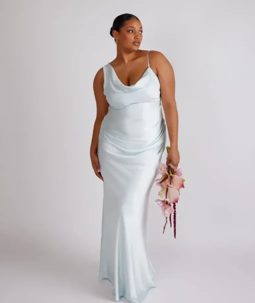 Cowl Front Asymmetrical Satin Bridesmaid Dress - Ice Blue
