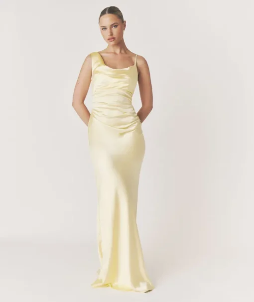 Cowl Front Asymmetrical Satin Bridesmaid Dress - Butter Lemon