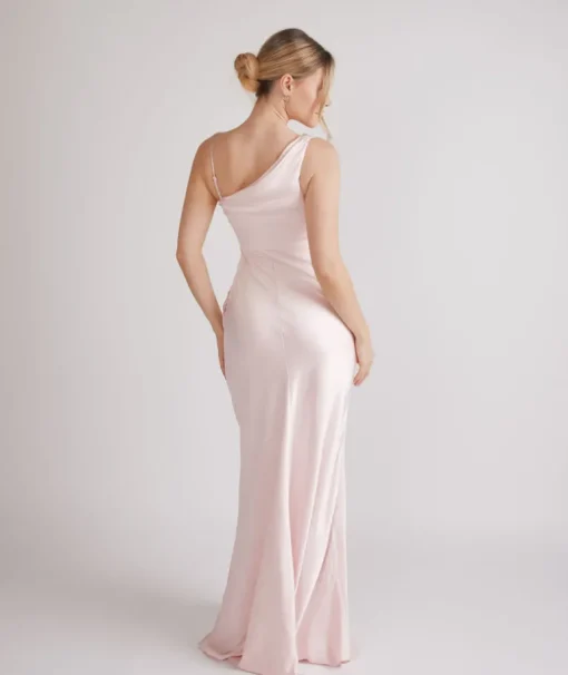 Cowl Front Asymmetrical Satin Bridesmaid Dress - Pale Pink