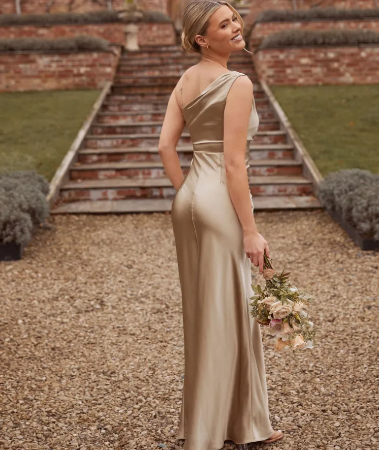 Cowl Front Asymmetrical Satin Bridesmaid Dress - Champagne