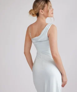 Cowl Front Asymmetrical Satin Bridesmaid Dress - Ice Blue