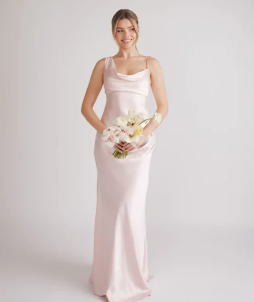 Cowl Front Asymmetrical Satin Bridesmaid Dress - Pale Pink