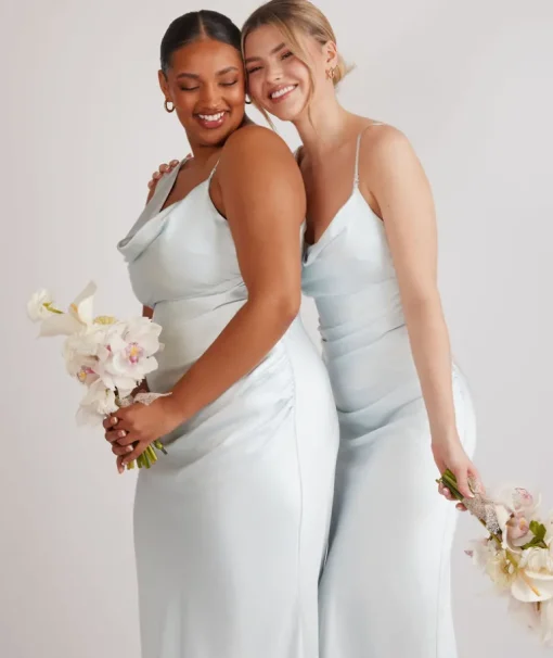 Cowl Front Asymmetrical Satin Bridesmaid Dress - Ice Blue
